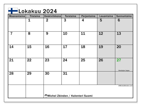 Kalenteri lokakuu 2024 “Suomi”. Ilmainen tulostettava kalenteri.. Maanantaista sunnuntaihin