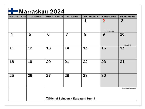 Calendario novembre 2024, Finlandia (FI). Piano da stampare gratuito.