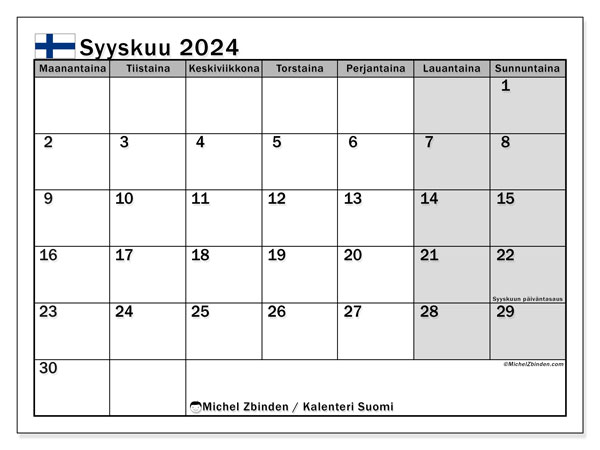 Kalender September 2024, Finnland (FI). Plan zum Ausdrucken kostenlos.