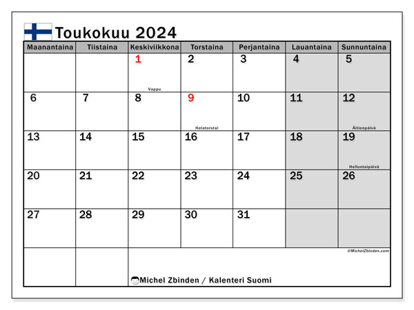 Kalenteri toukokuu 2024, Suomi, valmiina tulostettavaksi ja maksutta.