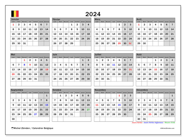 Kalender 2024, Belgien (FR). Plan zum Ausdrucken kostenlos.
