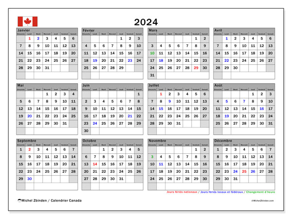 Kalender 2024, Kanada (FR). Plan zum Ausdrucken kostenlos.