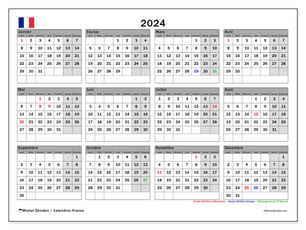 Kalender 2024, Frankreich (FR). Plan zum Ausdrucken kostenlos.