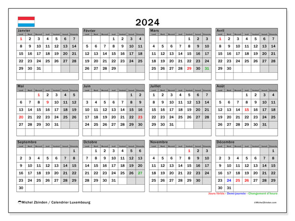 Kalender 2024, Luxemburg (FR). Plan zum Ausdrucken kostenlos.