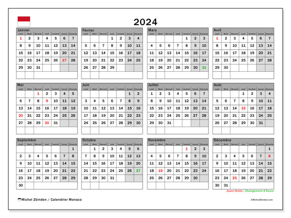 Calendario 2024, Monaco (FR). Orario da stampare gratuito.