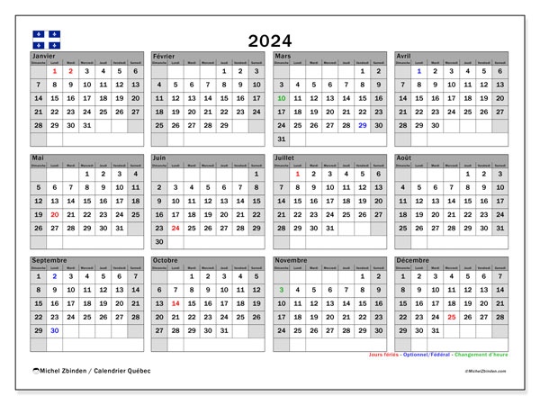 Calendario 2024, Québec (FR). Orario da stampare gratuito.