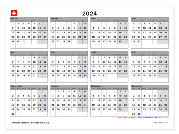 Calendario 2024, Svizzera (FR). Orario da stampare gratuito.