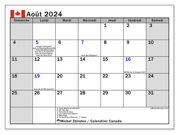 Calendario agosto 2024, Canada (FR). Calendario da stampare gratuito.