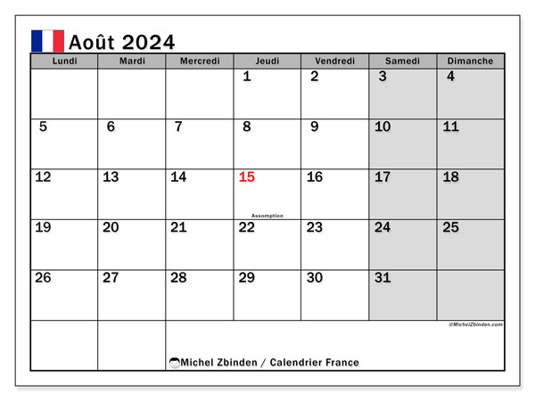 Kalender August 2024, Frankreich (FR). Plan zum Ausdrucken kostenlos.