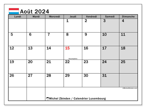 Calendario agosto 2024, Lussemburgo (FR). Calendario da stampare gratuito.
