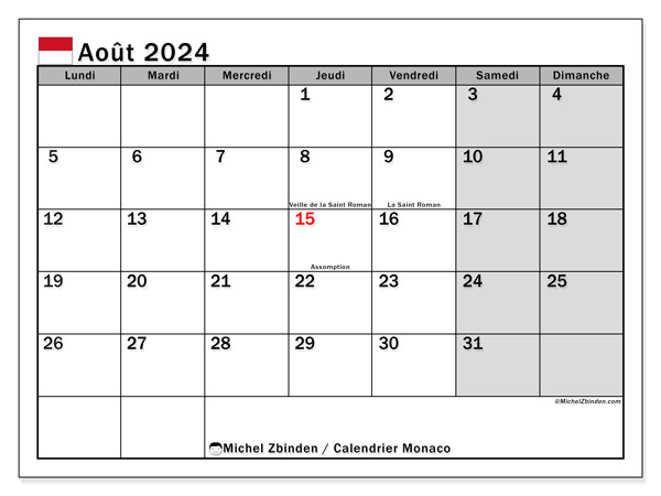 Kalender August 2024, Monaco (FR). Plan zum Ausdrucken kostenlos.
