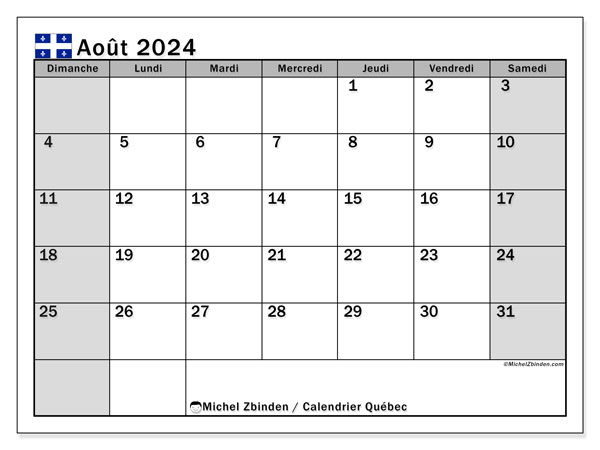 Calendario agosto 2024, Québec (FR). Calendario da stampare gratuito.