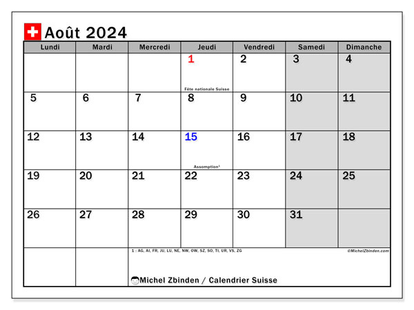 Kalender August 2024, Schweiz (FR). Plan zum Ausdrucken kostenlos.
