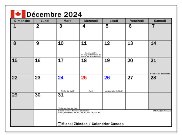 Calendario dicembre 2024, Canada (FR). Piano da stampare gratuito.