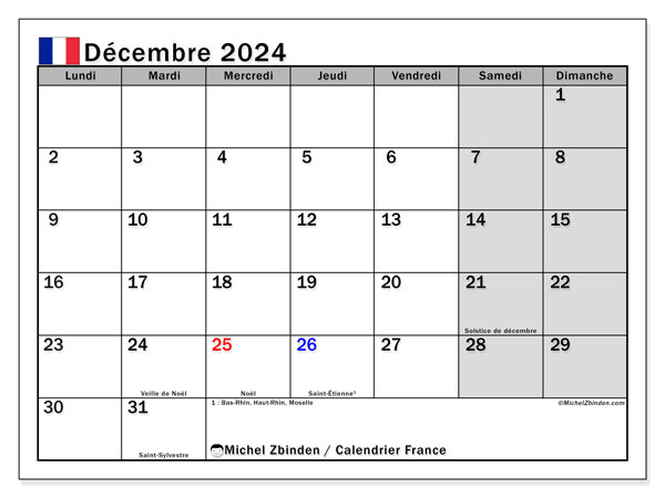 Kalender Dezember 2024, Frankreich (FR). Kalender zum Ausdrucken kostenlos.