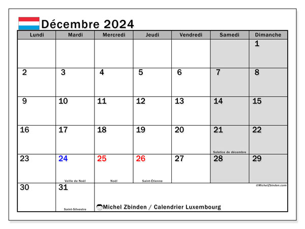 Calendario dicembre 2024, Lussemburgo (FR). Piano da stampare gratuito.