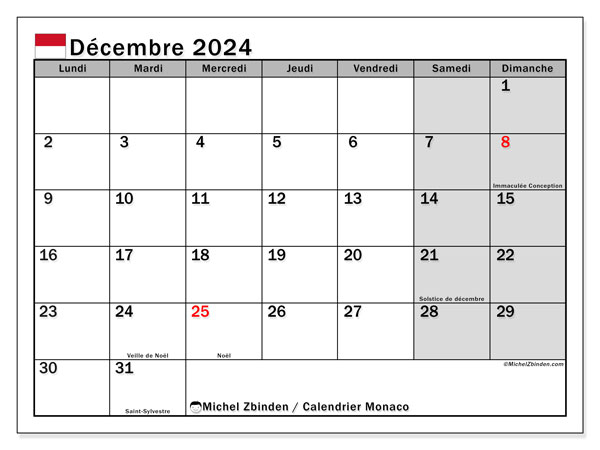 Calendario dicembre 2024, Monaco (FR). Piano da stampare gratuito.