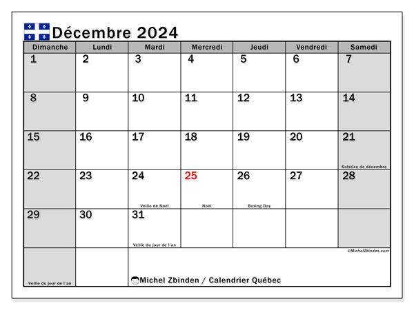Kalender Dezember 2024, Quebec (FR). Kalender zum Ausdrucken kostenlos.