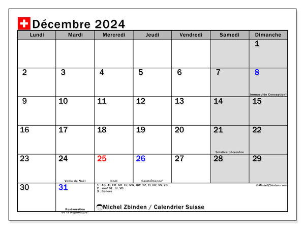 Kalender Dezember 2024, Schweiz (FR). Kalender zum Ausdrucken kostenlos.
