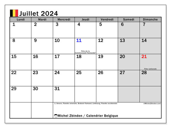 Calendario luglio 2024, Belgio (FR). Orario da stampare gratuito.