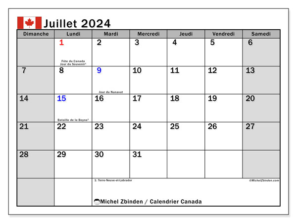 Kalender Juli 2024, Kanada (FR). Programm zum Ausdrucken kostenlos.