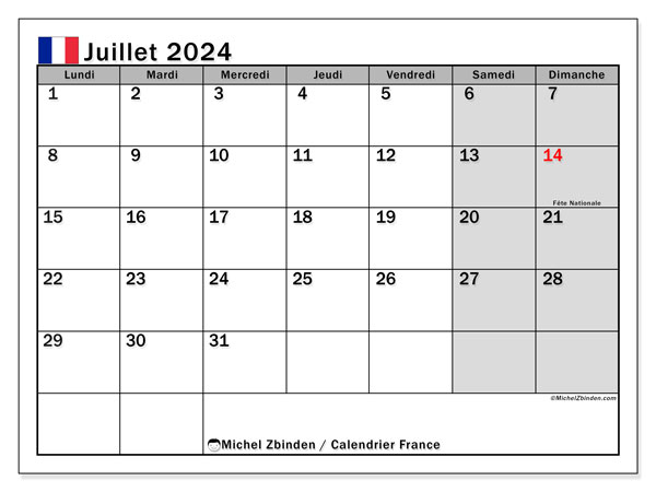 Kalender Juli 2024, Frankreich (FR). Programm zum Ausdrucken kostenlos.