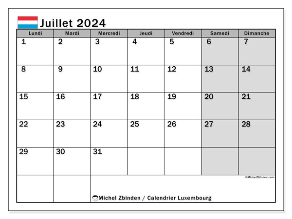 Calendario luglio 2024, Lussemburgo (FR). Orario da stampare gratuito.