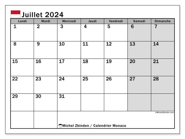 Kalender Juli 2024, Monaco (FR). Programm zum Ausdrucken kostenlos.