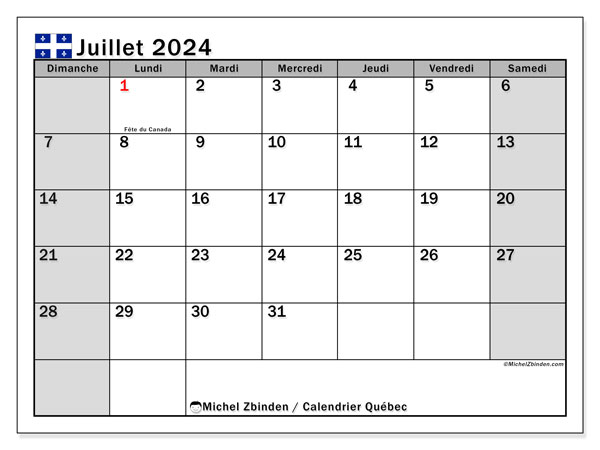 Calendario luglio 2024, Québec (FR). Orario da stampare gratuito.