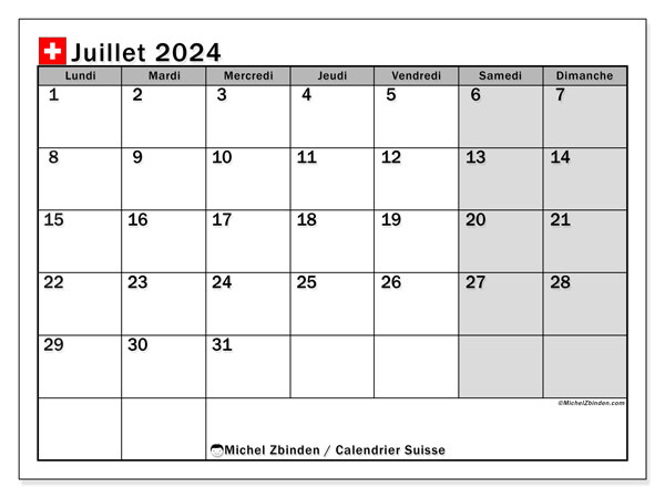 Kalender Juli 2024, Schweiz (FR). Programm zum Ausdrucken kostenlos.