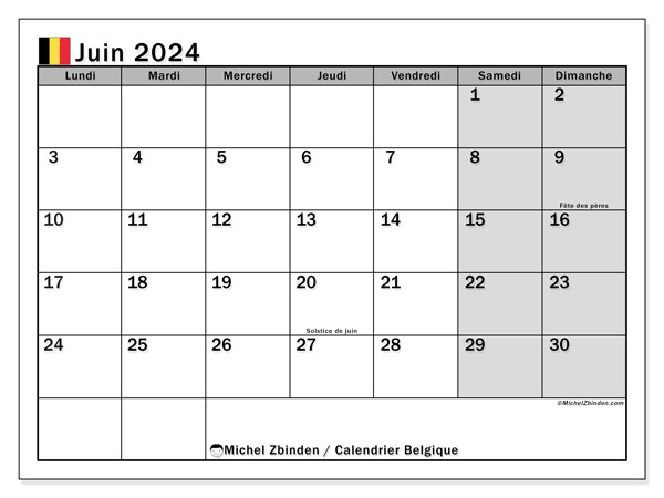 Kalender Juni 2024, Belgien (FR). Programm zum Ausdrucken kostenlos.