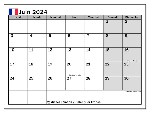 Kalender Juni 2024, Frankreich (FR). Programm zum Ausdrucken kostenlos.