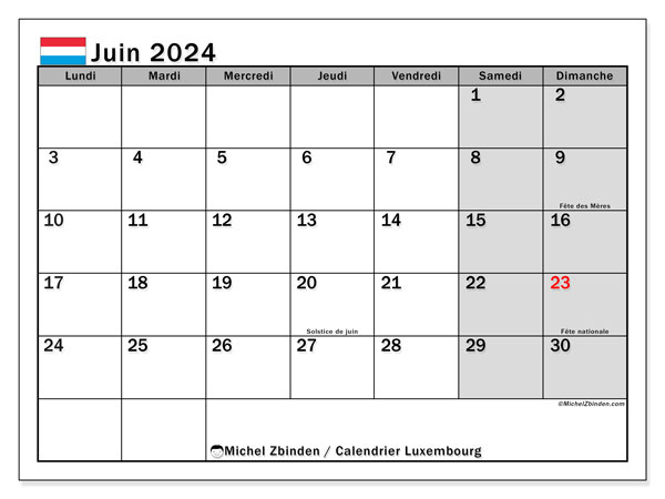 Calendario giugno 2024, Lussemburgo (FR). Orario da stampare gratuito.