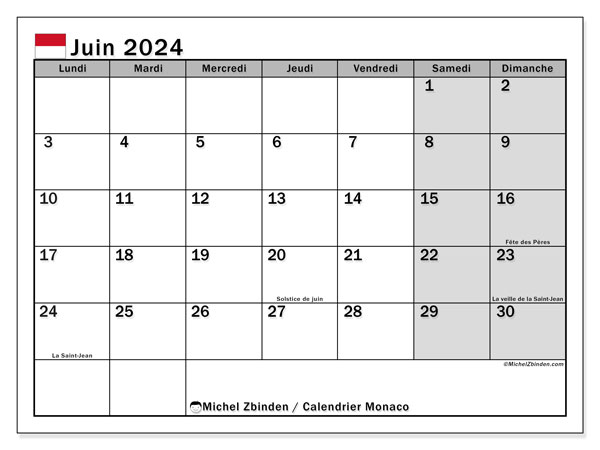 Kalender Juni 2024, Monaco (FR). Programm zum Ausdrucken kostenlos.