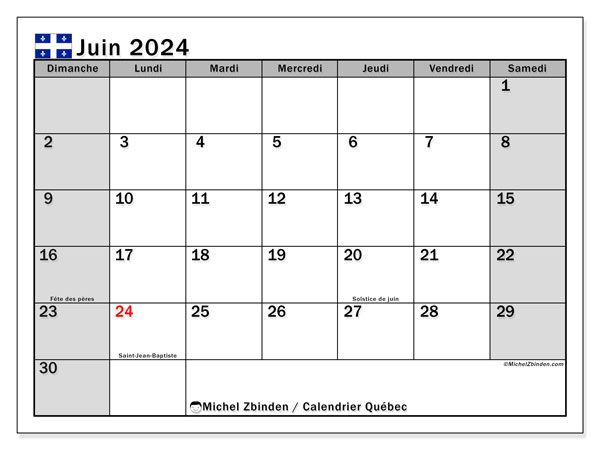 Calendario giugno 2024, Québec (FR). Orario da stampare gratuito.