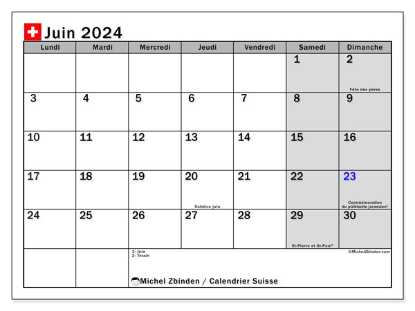 Calendario giugno 2024, Svizzera (FR). Orario da stampare gratuito.