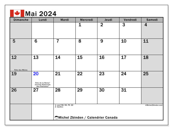 Calendario maggio 2024, Canada (FR). Programma da stampare gratuito.