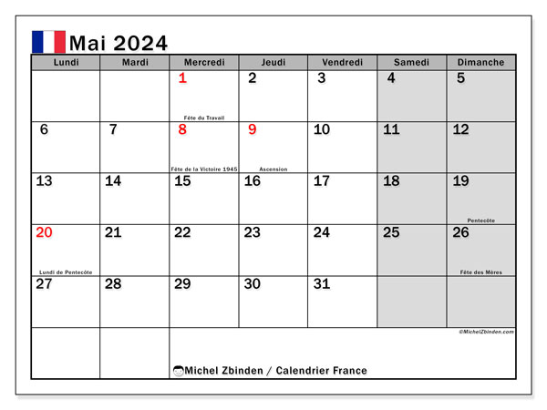 Kalender Mai 2024, Frankreich (FR). Programm zum Ausdrucken kostenlos.