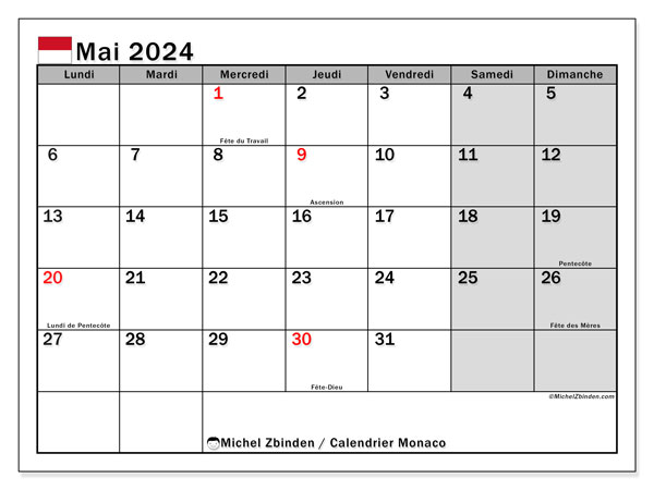 Calendario maggio 2024, Monaco (FR). Programma da stampare gratuito.