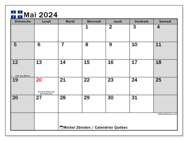 Calendario maggio 2024, Québec (FR). Programma da stampare gratuito.