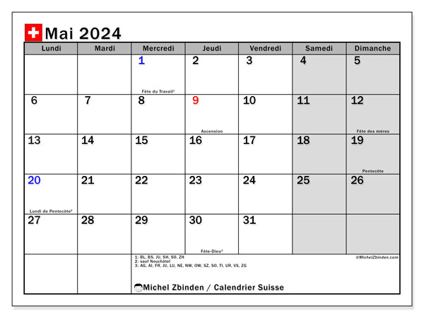 Calendario maggio 2024, Svizzera (FR). Programma da stampare gratuito.