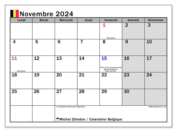 Calendario novembre 2024, Belgio (FR). Piano da stampare gratuito.