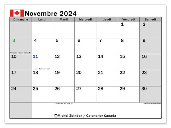 Kalender November 2024, Kanada (FR). Kalender zum Ausdrucken kostenlos.