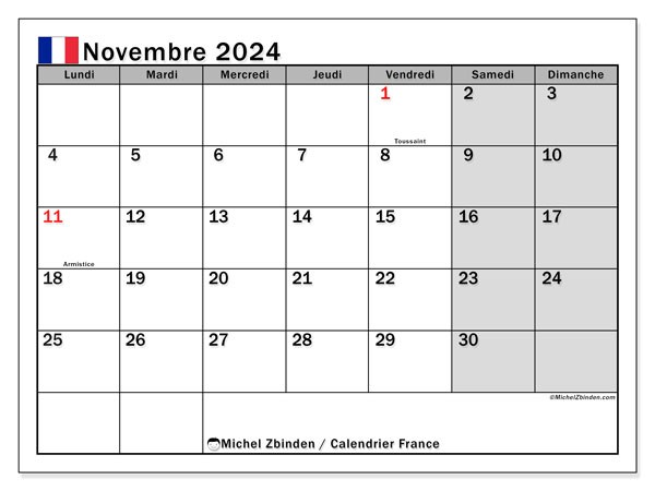 Kalender November 2024, Frankreich (FR). Kalender zum Ausdrucken kostenlos.