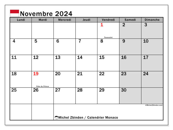 Calendario novembre 2024, Monaco (FR). Piano da stampare gratuito.