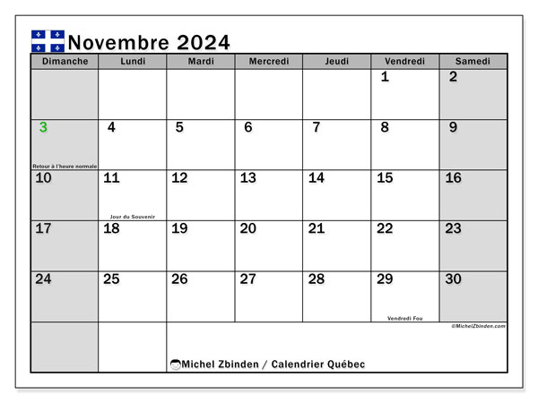 Calendario novembre 2024, Québec (FR). Piano da stampare gratuito.