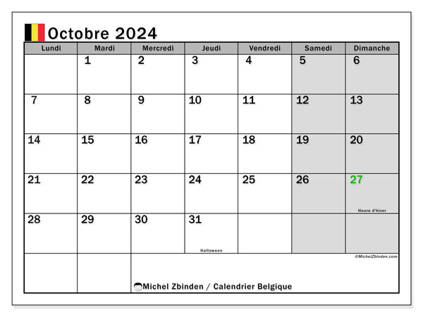 Calendario ottobre 2024, Belgio (FR). Programma da stampare gratuito.
