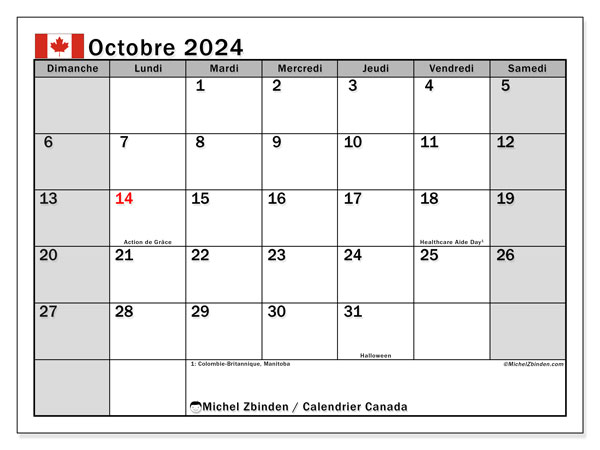 Kalender Oktober 2024, Kanada (FR). Plan zum Ausdrucken kostenlos.