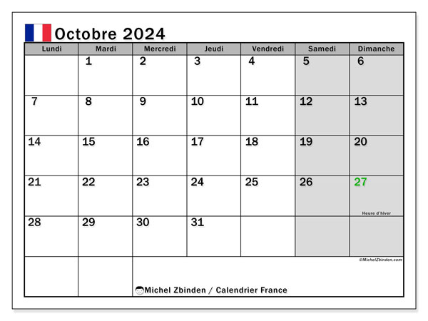 Kalender Oktober 2024, Frankreich (FR). Plan zum Ausdrucken kostenlos.