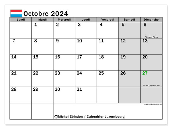 Calendario ottobre 2024, Lussemburgo (FR). Programma da stampare gratuito.